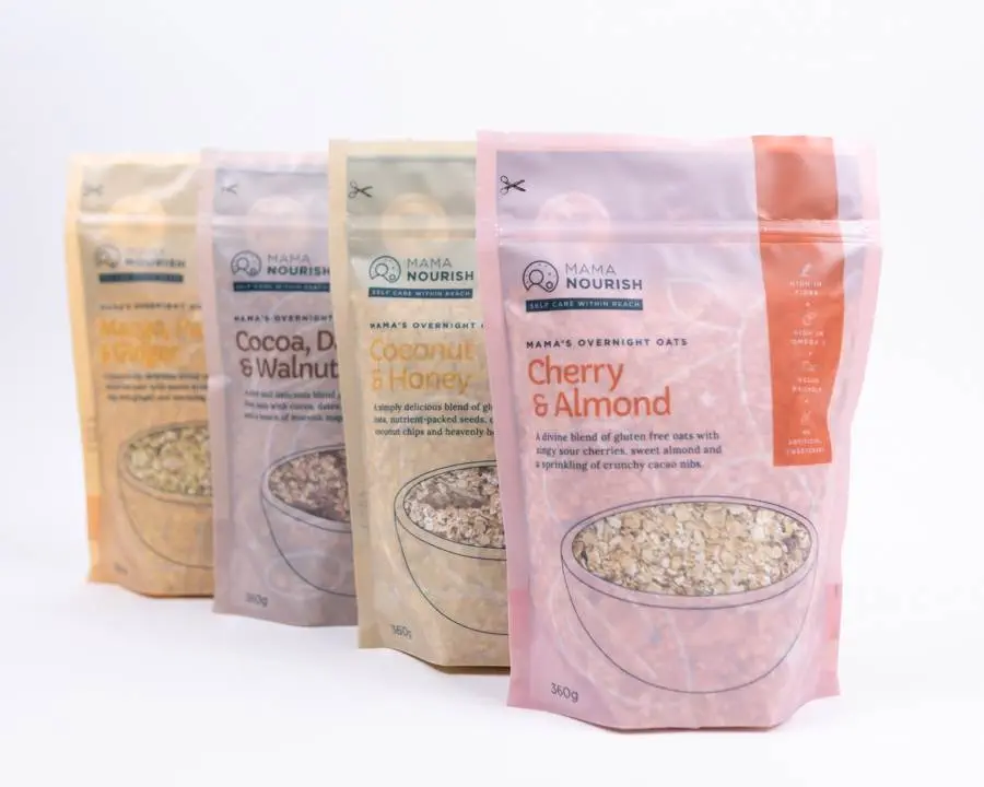 Four upright pouches of overnight oats for new mums and breastfeeding mums