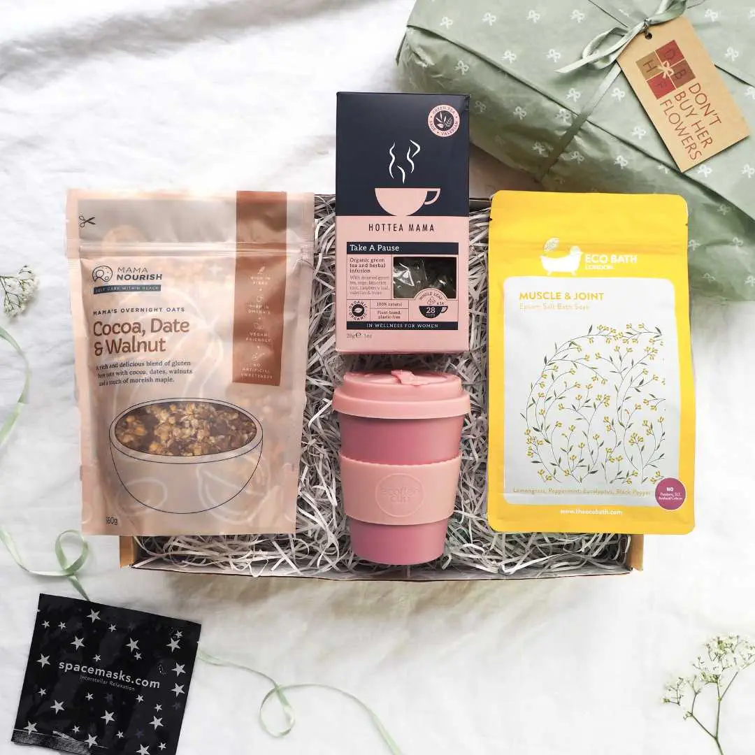 Flat lay image of a gift box for a new Mum